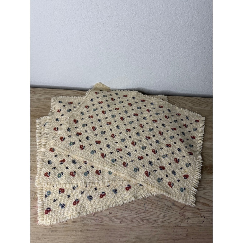 Vintage Woven Floral Placemats Set of 3 Fringed Cream Ditsy Flower Cottagecore